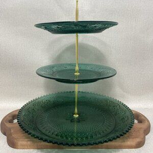 Tiara Indiana Glass Spruce Green 3 Tier Sandwich Handled Tidbit Tray Platter